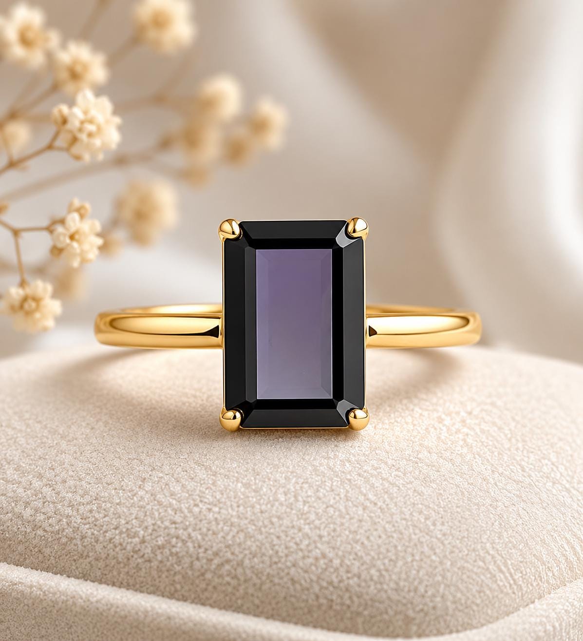 925 Sterling Silver Emerald Cut Black Onyx Solitaire Ring, Minimalist Statement Band