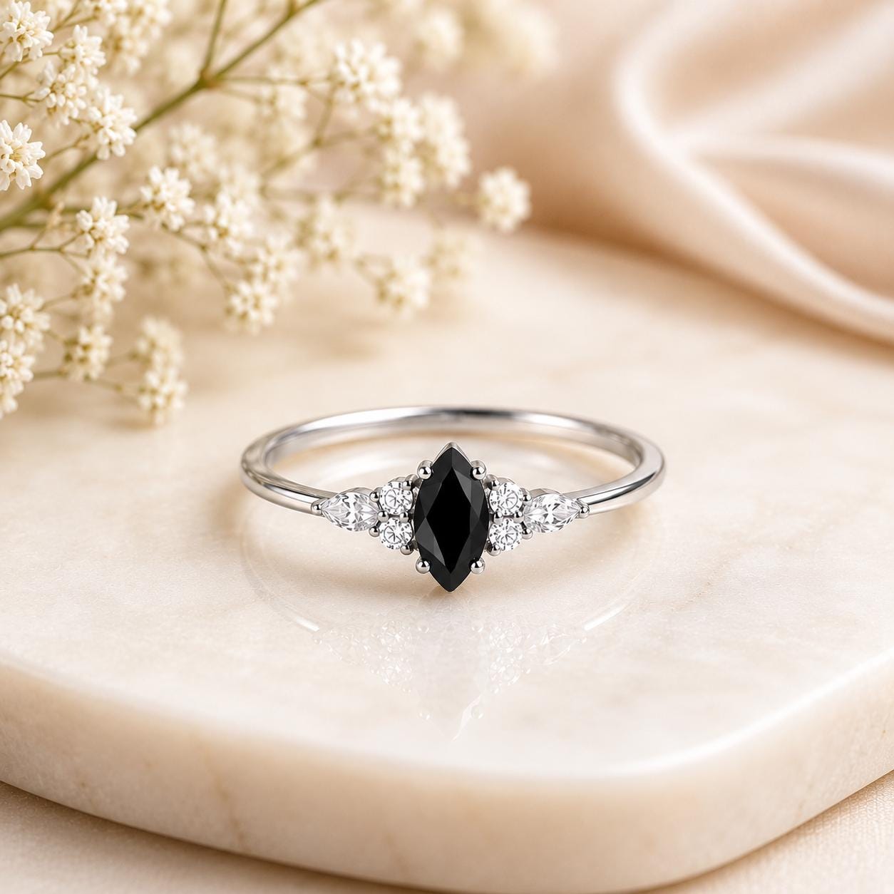 925 Sterling Silver Marquise Black Onyx Ring, Vintage Statement Ring