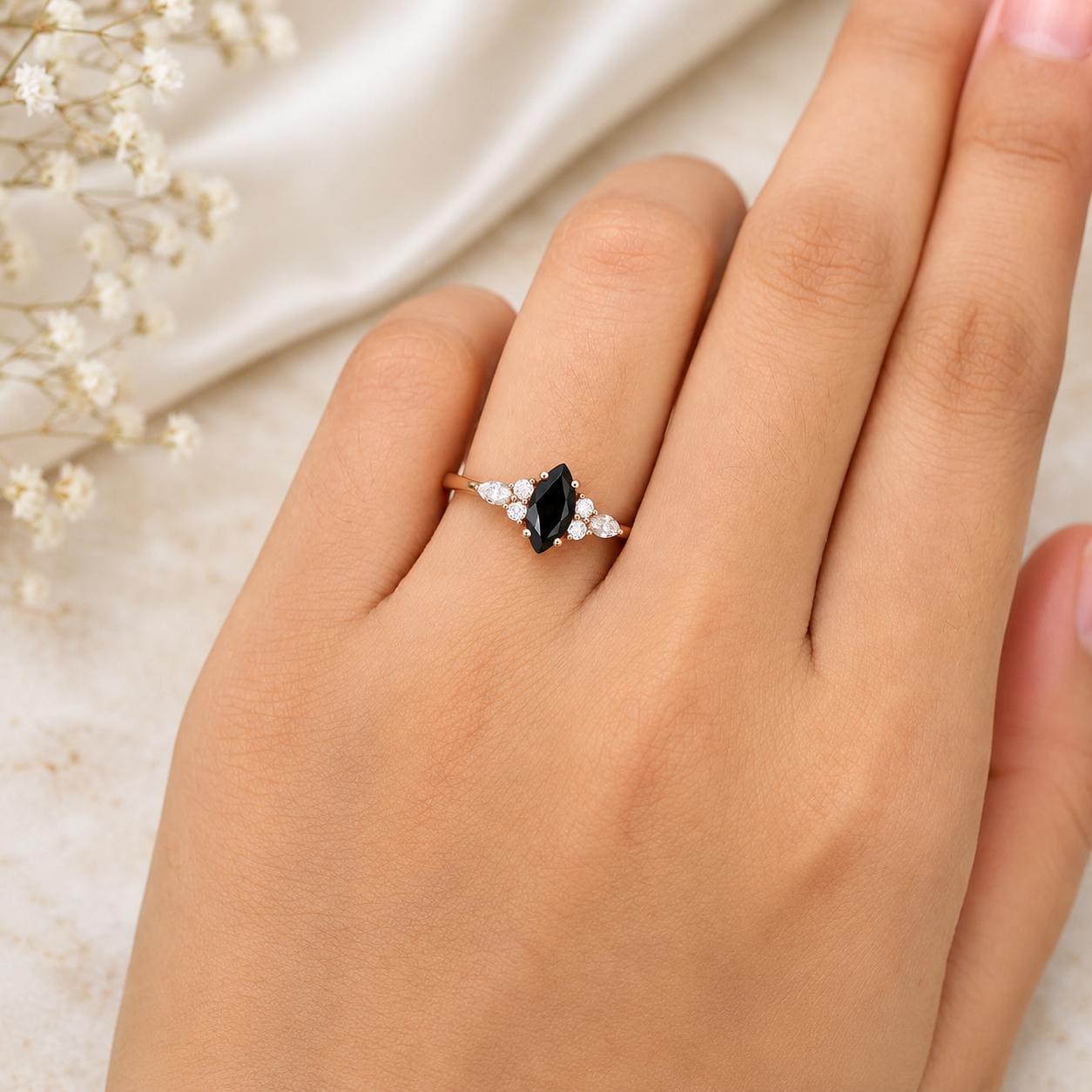 925 Sterling Silver Marquise Black Onyx Ring, Vintage Statement Ring