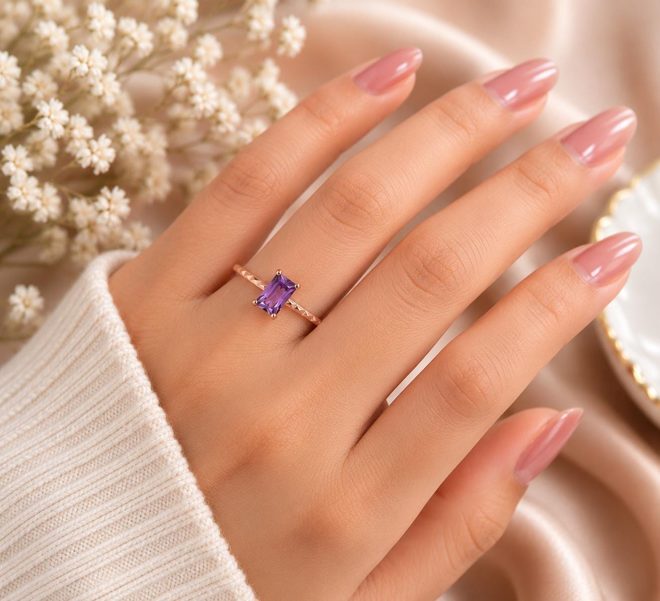 925 Sterling Silver Emerald Cut Amethyst Solitaire Ring, Diamond-Cut Band