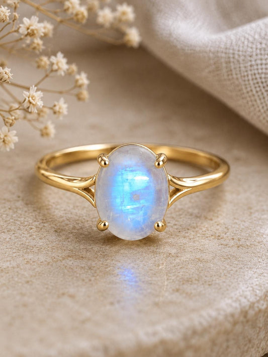 925 Sterling Silver Oval Moonstone Ring, Minimalist Solitaire, June Birthstone