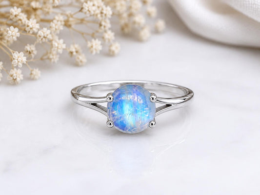 925 Sterling Silver Round Moonstone Ring, Natural Blue Flash Cabochon, Minimalist Solitaire, June Birthstone