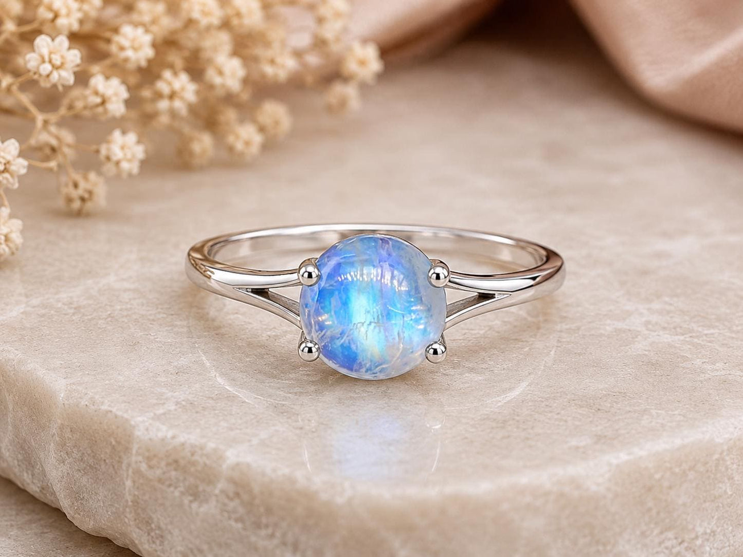 925 Sterling Silver Round Moonstone Ring, Natural Blue Flash Cabochon, Minimalist Solitaire, June Birthstone
