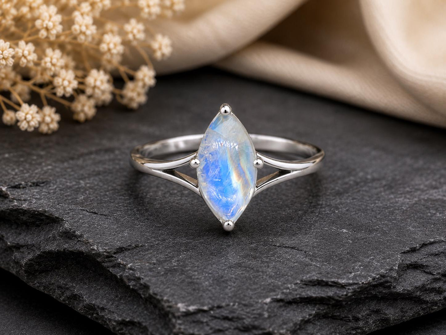 925 Sterling Silver Marquise Moonstone Ring, Natural Blue Flash Gemstone, Minimalist Solitaire, June Birthstone