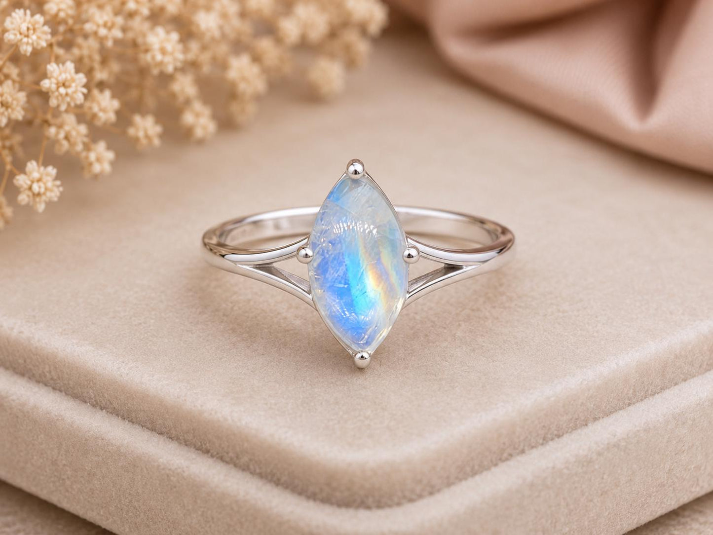 925 Sterling Silver Marquise Moonstone Ring, Natural Blue Flash Gemstone, Minimalist Solitaire, June Birthstone