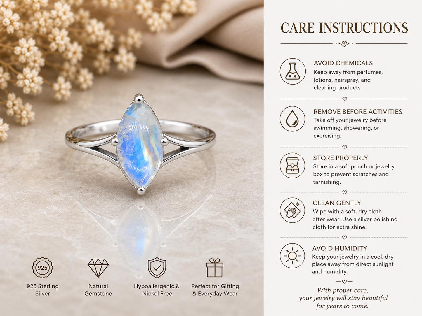 925 Sterling Silver Marquise Moonstone Ring, Natural Blue Flash Gemstone, Minimalist Solitaire, June Birthstone