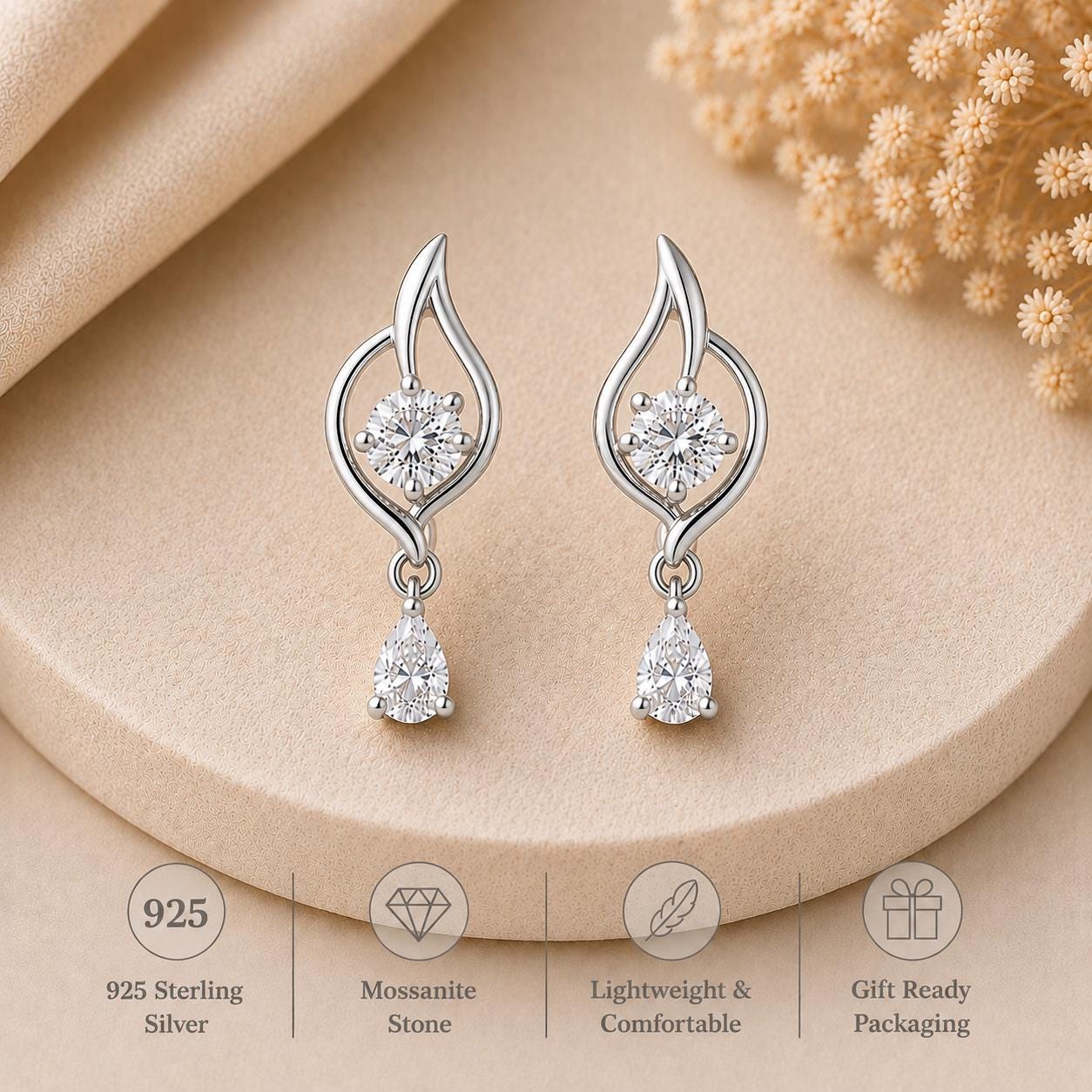 925 Sterling Silver Moissanite Drop Earrings, Pear Cut Dangle, Minimalist Bridal Jewelry