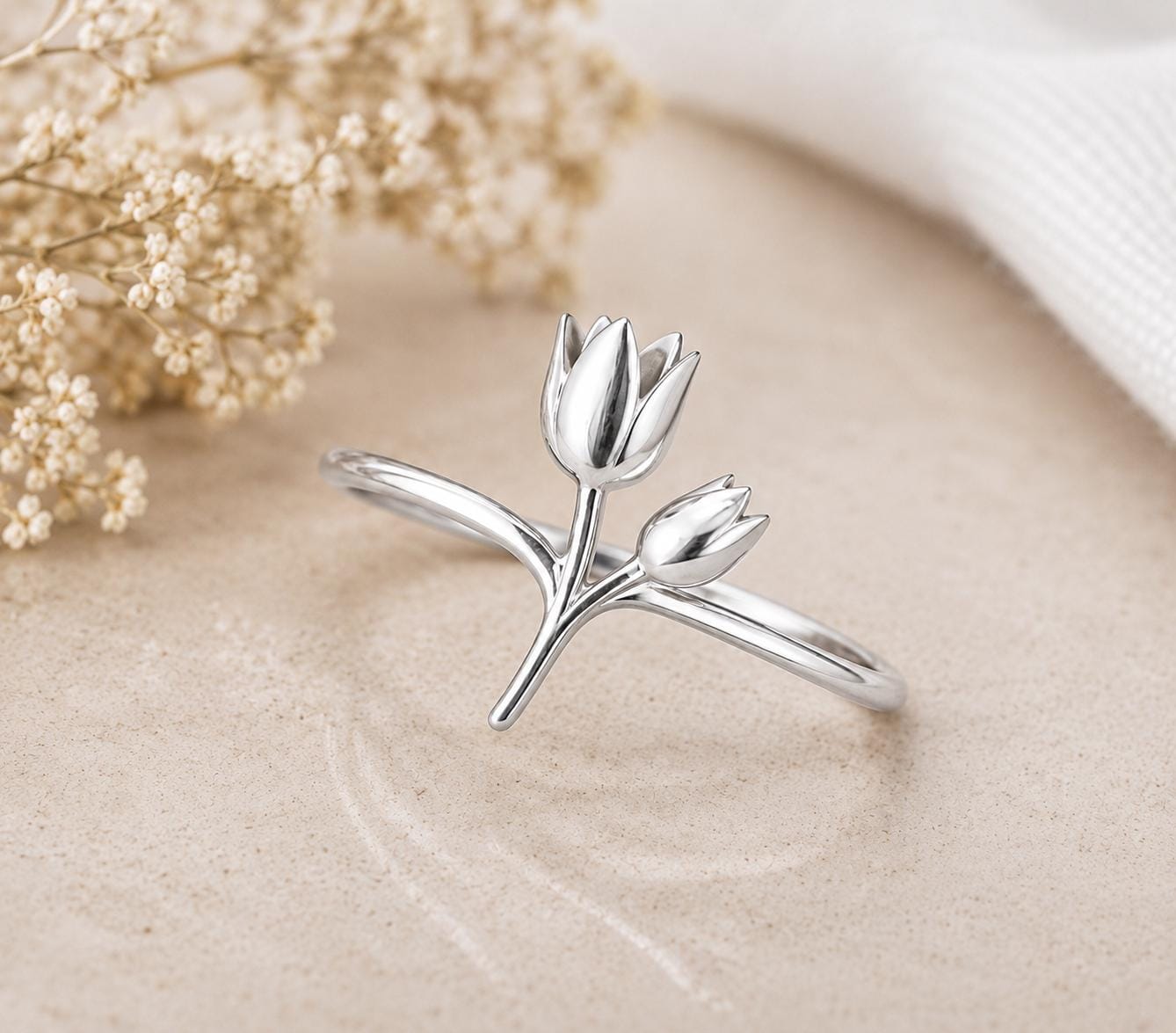 925 Sterling Silver Tulip Ring, Minimalist Floral Stacking Band, Botanical Nature Inspired Jewelry