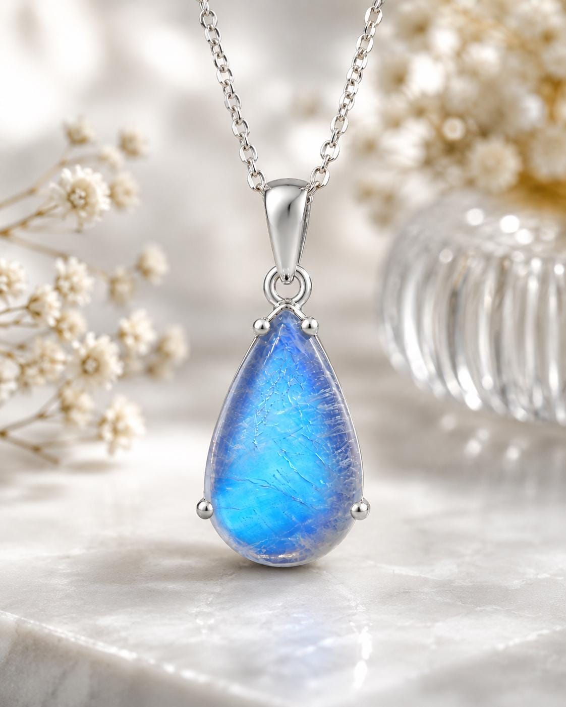 925 Sterling Silver Pear Moonstone Pendant Necklace, Minimalist Blue Flash Gemstone
