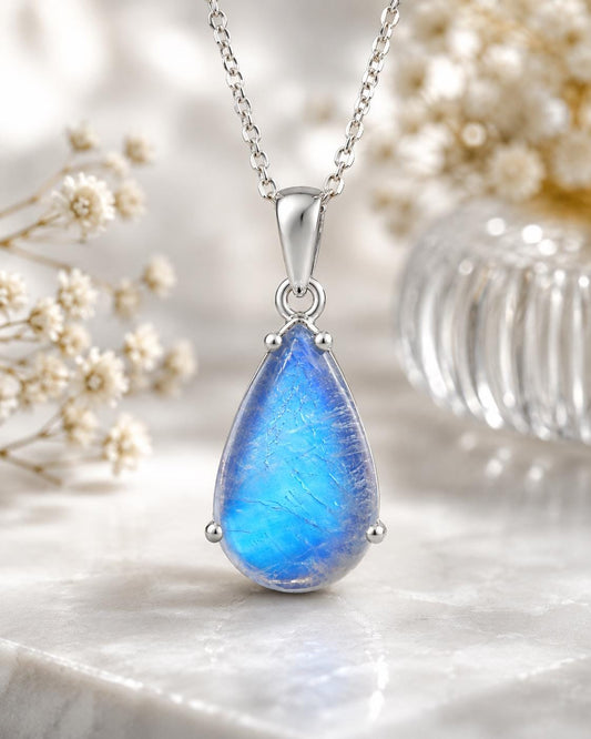 925 Sterling Silver Pear Moonstone Pendant Necklace, Minimalist Blue Flash Gemstone