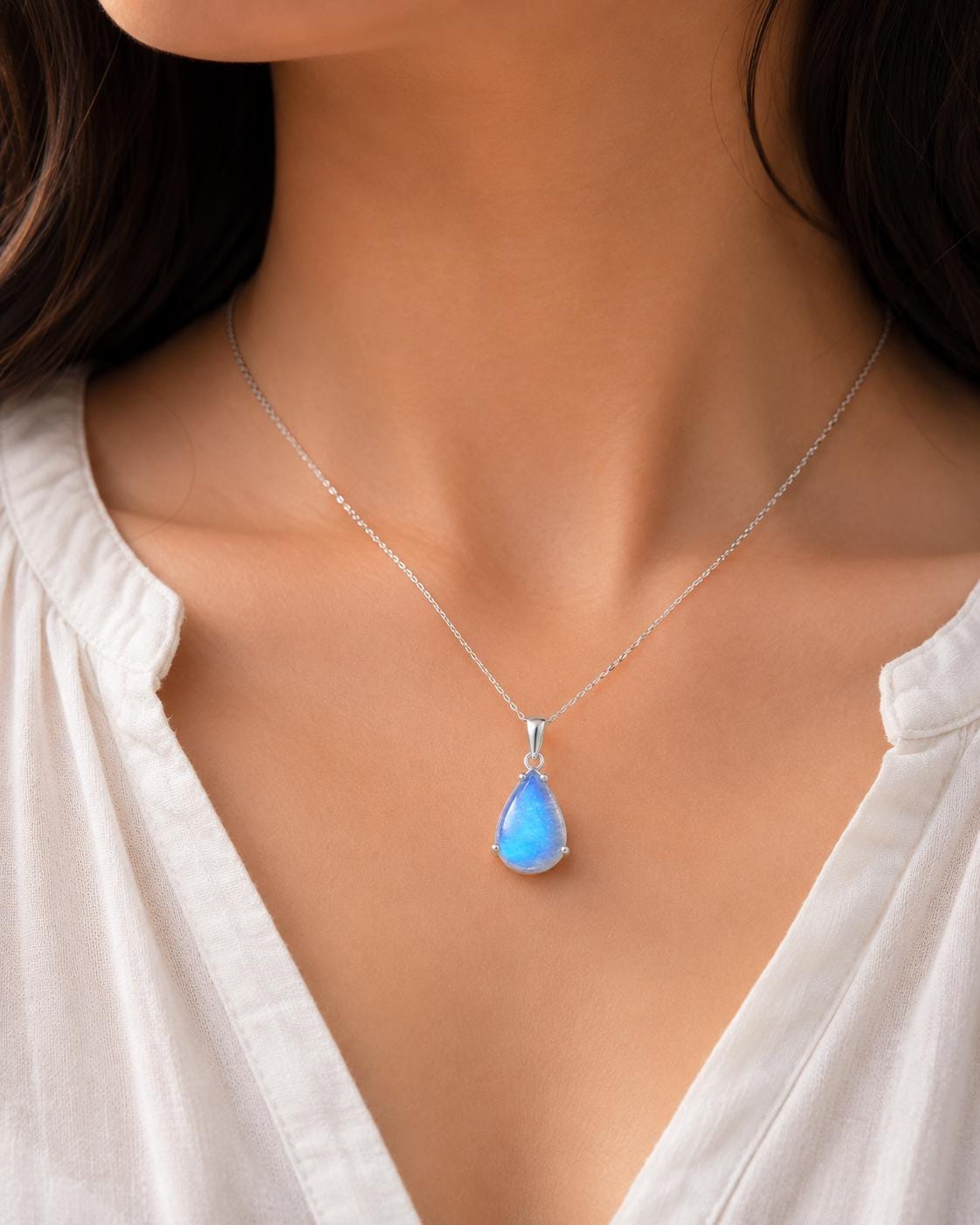 925 Sterling Silver Pear Moonstone Pendant Necklace, Minimalist Blue Flash Gemstone