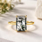 925 Sterling Silver Emerald Cut Moss Agate Ring, Minimalist Solitaire Nature Gemstone