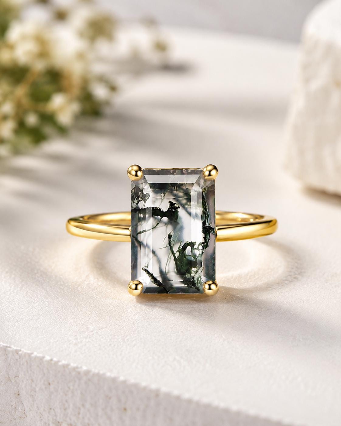 925 Sterling Silver Emerald Cut Moss Agate Ring, Minimalist Solitaire Nature Gemstone