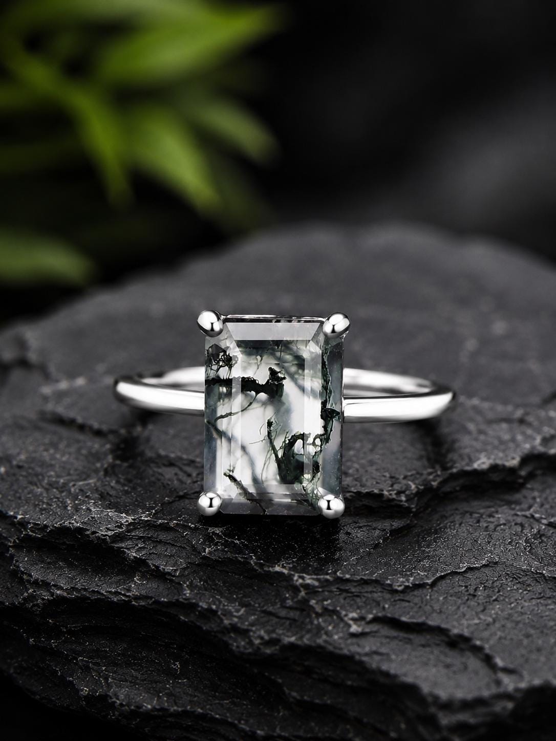 925 Sterling Silver Emerald Cut Moss Agate Ring, Minimalist Solitaire Nature Gemstone