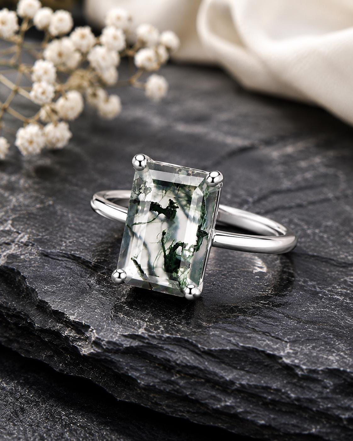 925 Sterling Silver Emerald Cut Moss Agate Ring, Minimalist Solitaire Nature Gemstone