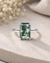 Natural Emerald Cut Moss Agate Ring, Sterling Silver Minimalist Solitaire