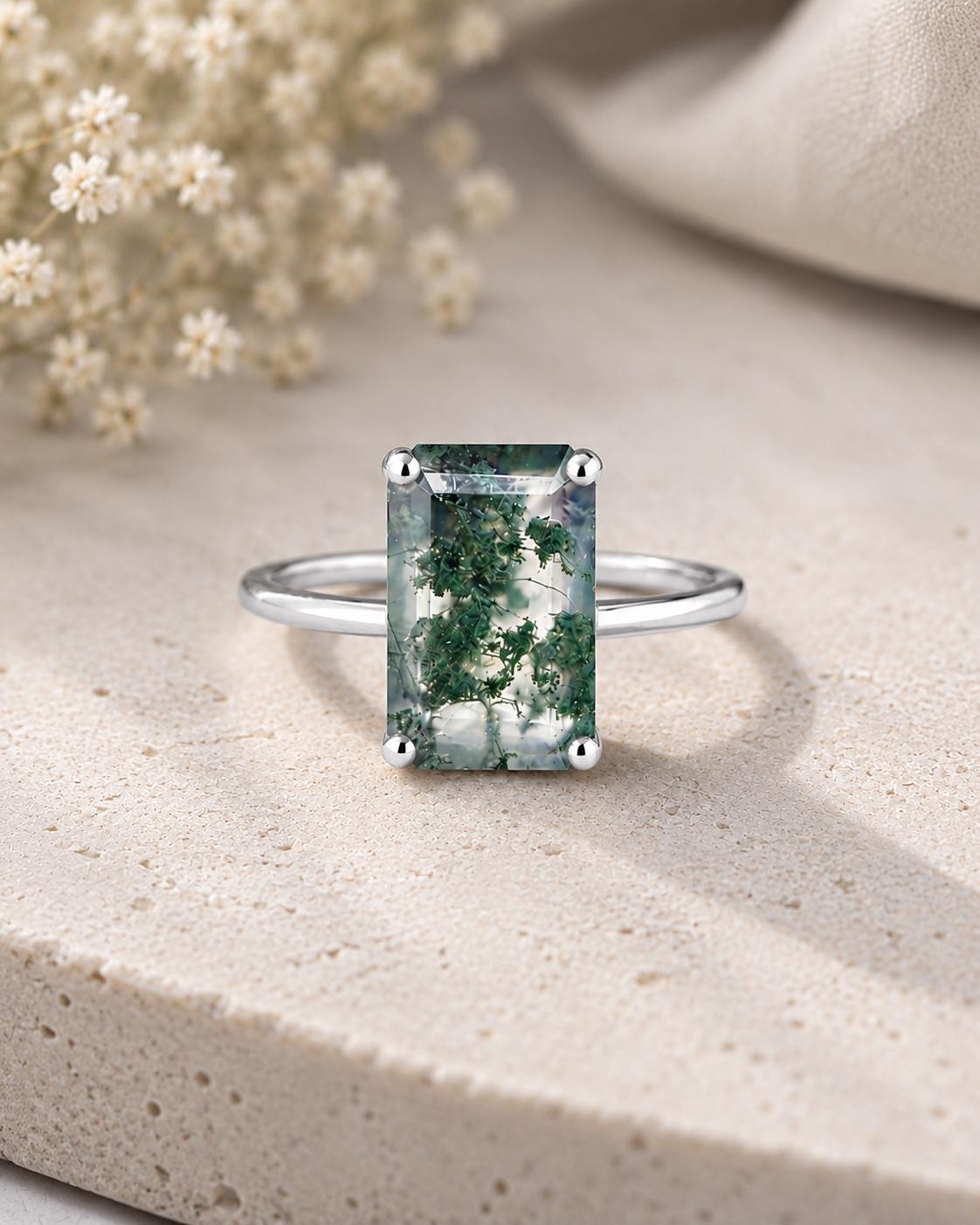 Natural Emerald Cut Moss Agate Ring, Sterling Silver Minimalist Solitaire