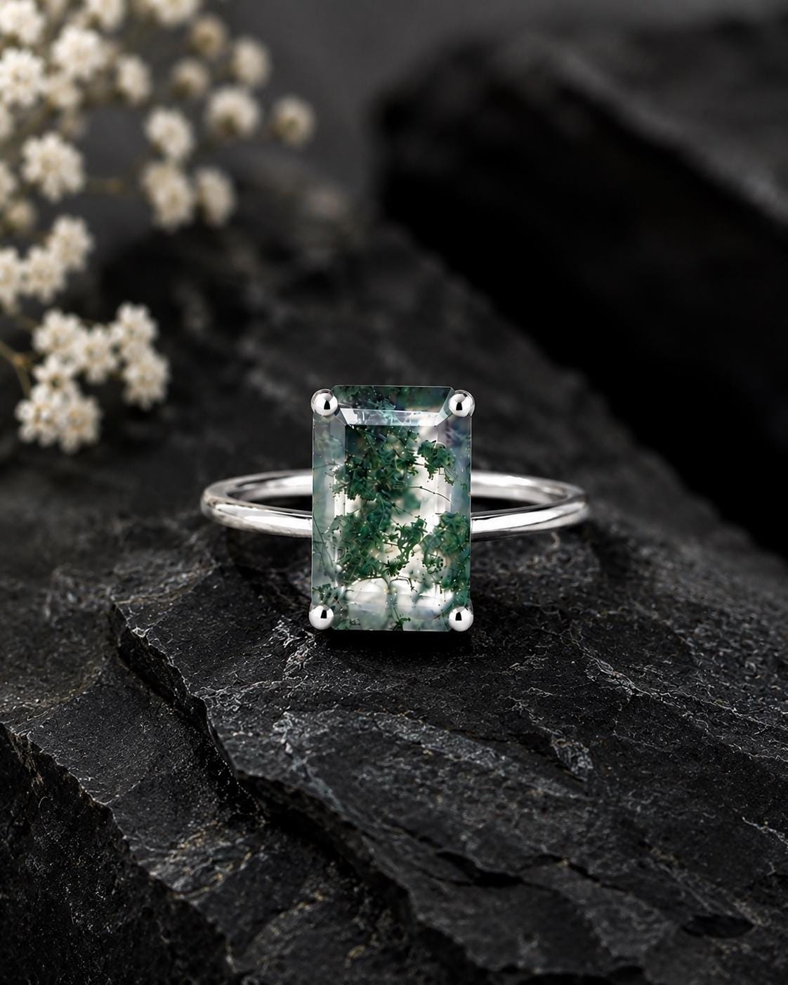 Natural Emerald Cut Moss Agate Ring, Sterling Silver Minimalist Solitaire