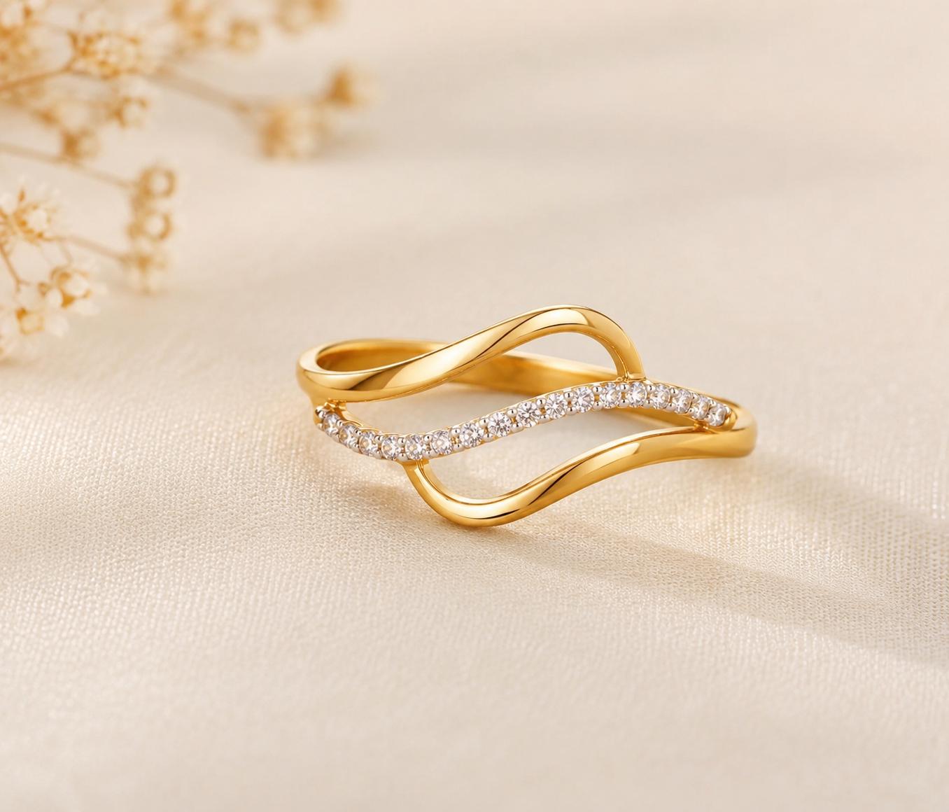 925 Sterling Silver Wave Ring, PavÃ© Cubic Zirconia, Minimalist Stacking Band