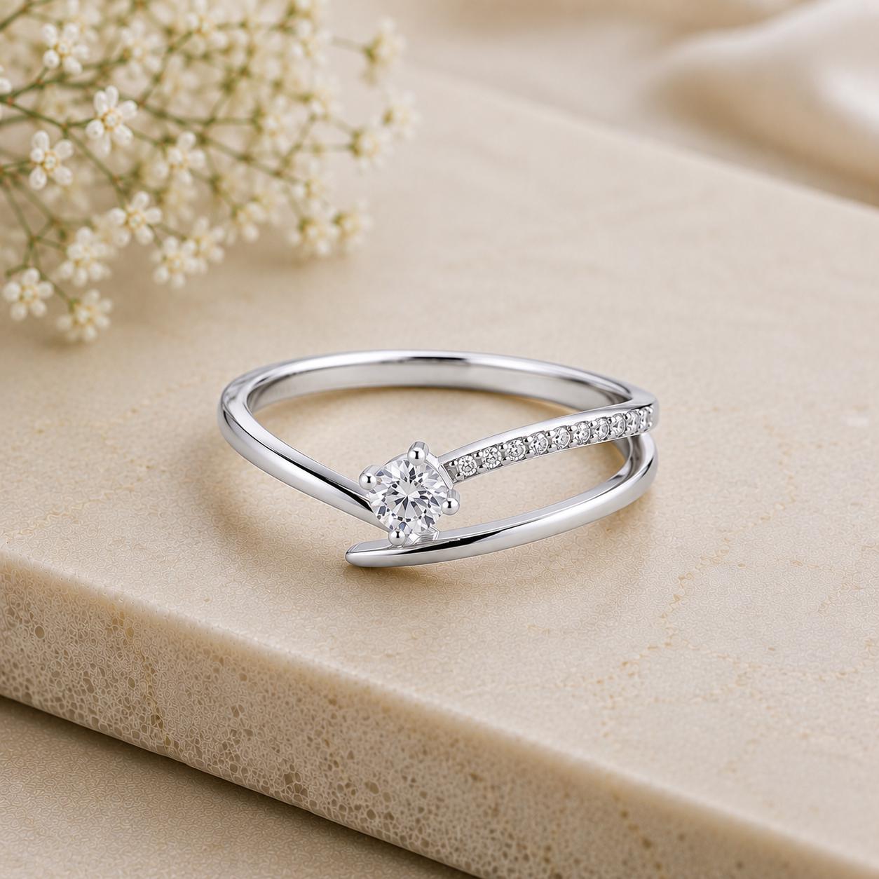 925 Sterling Silver Solitaire Ring, CZ Engagement, Minimalist Stacking Band, Crossover Design