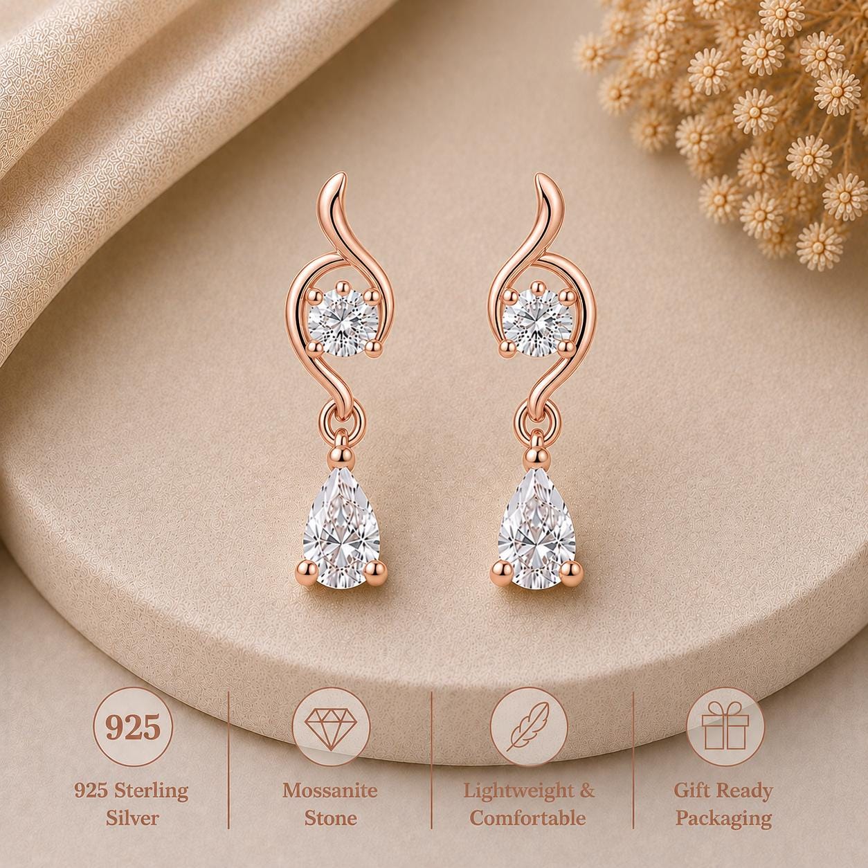 Sterling Silver Pear Cut Moissanite Drop Earrings, Bridal Wedding Dangle Jewelry