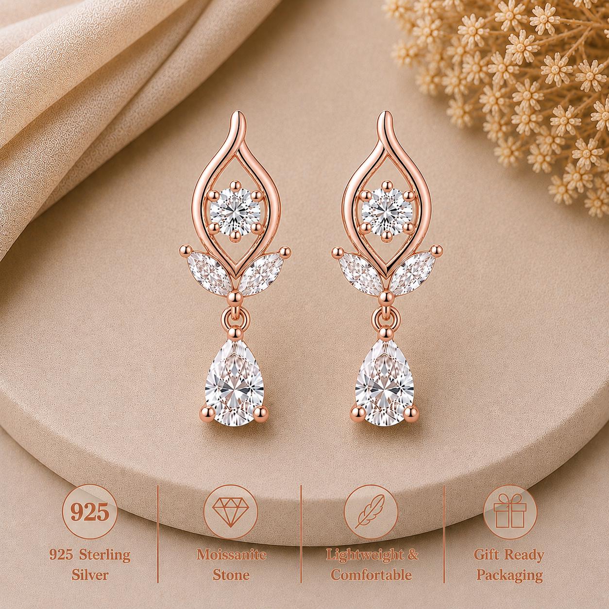 Moissanite Floral Drop Earrings, 925 Sterling Silver, Pear Cut Bridal Wedding Jewelry