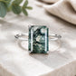 Natural Moss Agate Emerald Cut Ring, 925 Sterling Silver Solitaire Promise Ring