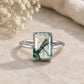 Natural Emerald Cut Moss Agate Ring, 925 Sterling Silver Solitaire Promise Ring