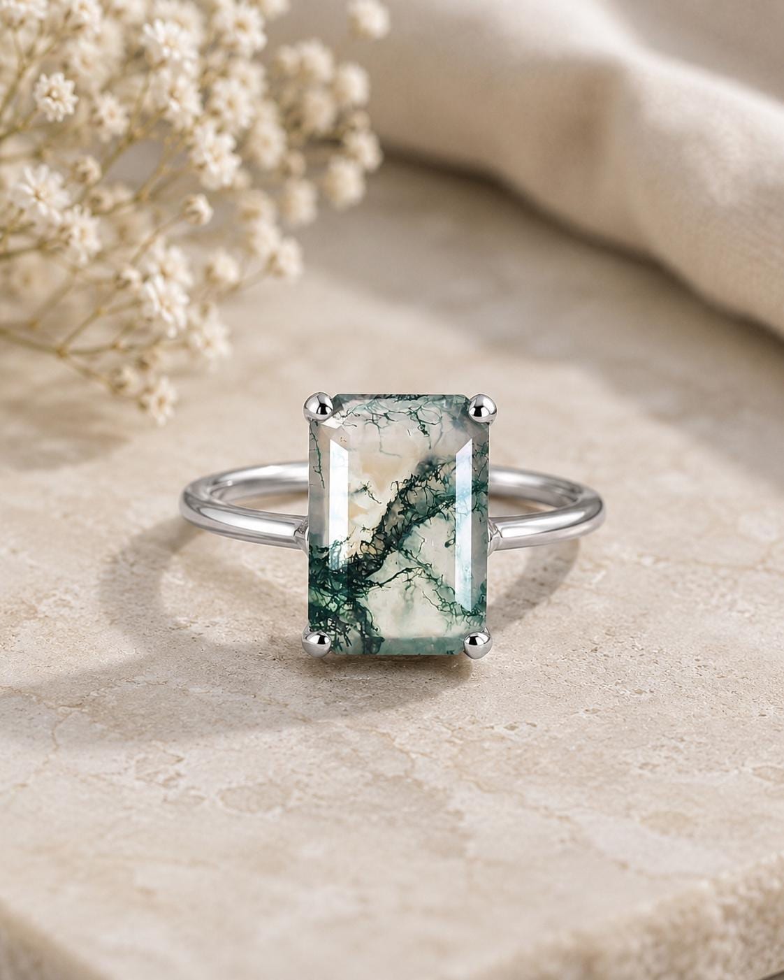 Natural Emerald Cut Moss Agate Ring, 925 Sterling Silver Solitaire Promise Ring