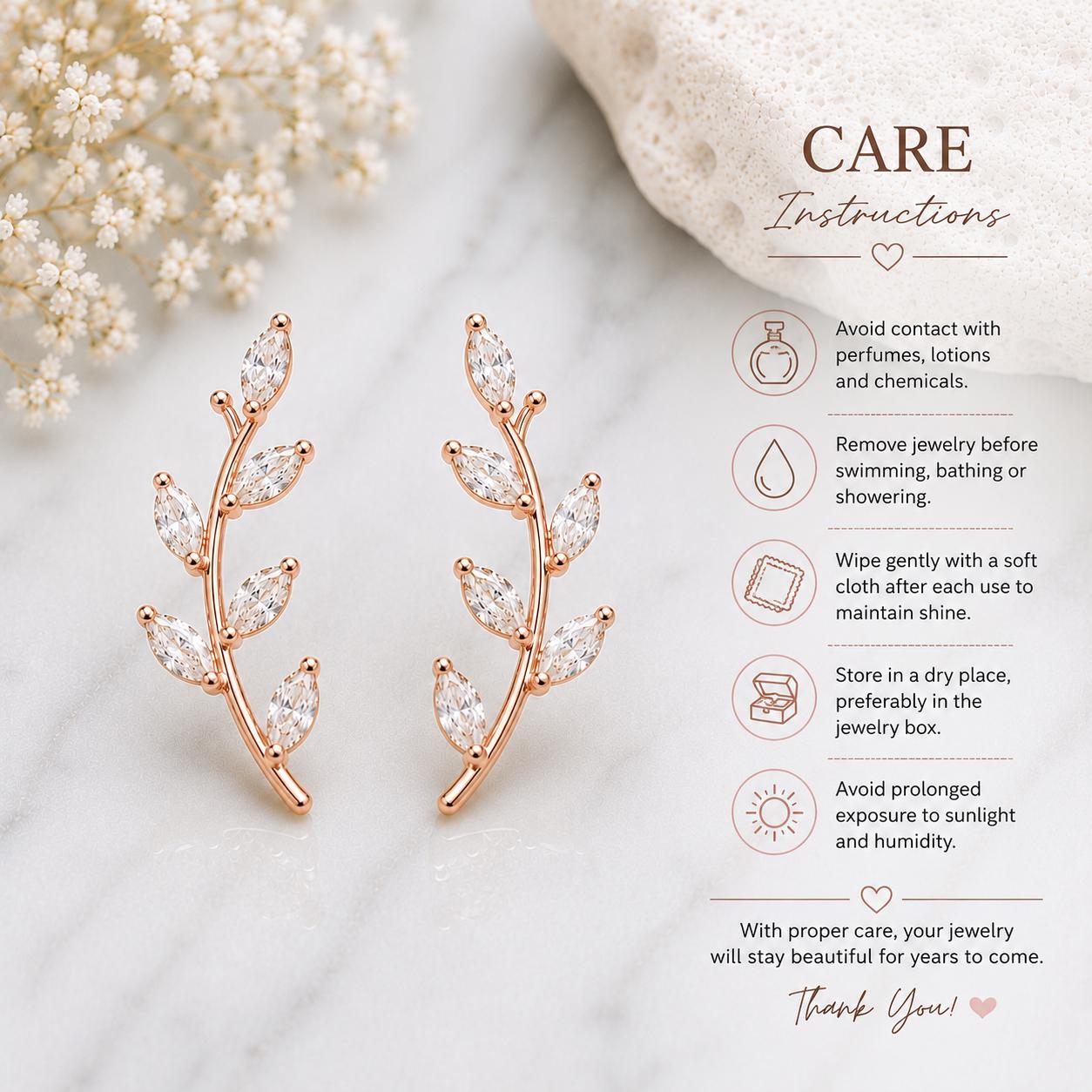 Sterling Silver Leaf Climber Earrings, Marquise CZ Vine Botanical Ear Crawler
