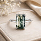 Natural Moss Agate Emerald Cut Ring, 925 Sterling Silver Solitaire Engagement Ring