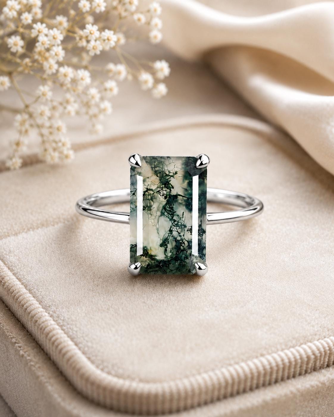 Natural Moss Agate Emerald Cut Ring, 925 Sterling Silver Solitaire Engagement Ring