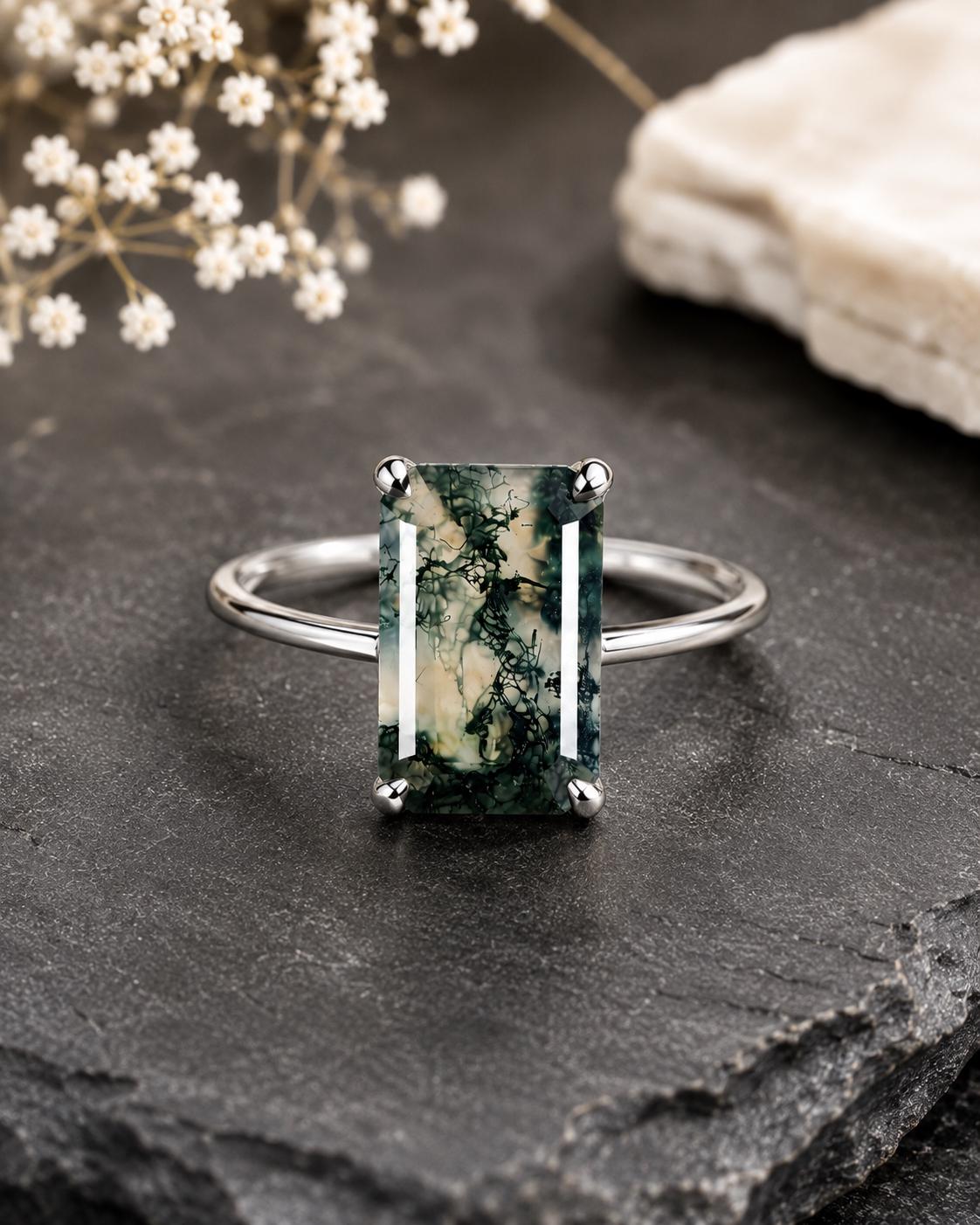 Natural Moss Agate Emerald Cut Ring, 925 Sterling Silver Solitaire Engagement Ring