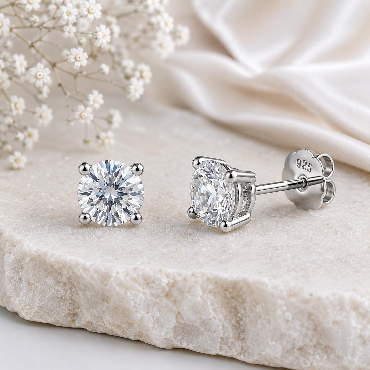 Moissanite Solitaire Stud Earrings, 925 Sterling Silver, Round Cut Bridal Jewelry