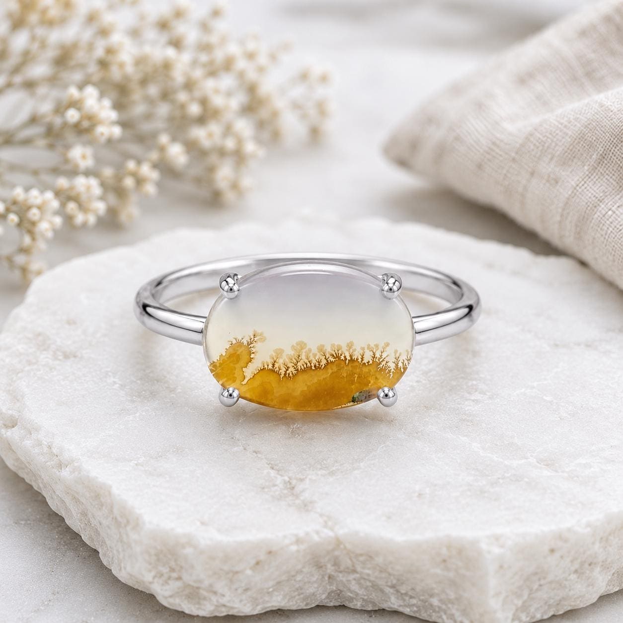 925 Sterling Silver Shazar Dendrite Agate Ring, Oval Gemstone Nature Landscape Jewelry
