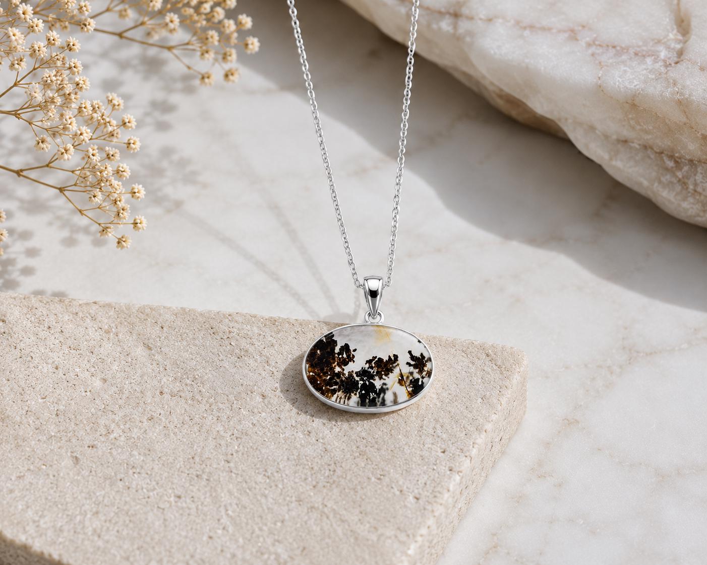 925 Sterling Silver Shazar Dendrite Agate Oval Pendant, Nature Landscape Necklace