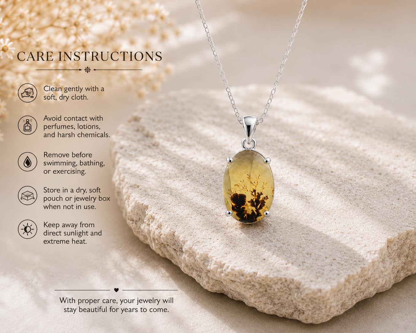 925 Sterling Silver Shazar Dendrite Agate Oval Pendant, Natural Tree Inclusions Necklace