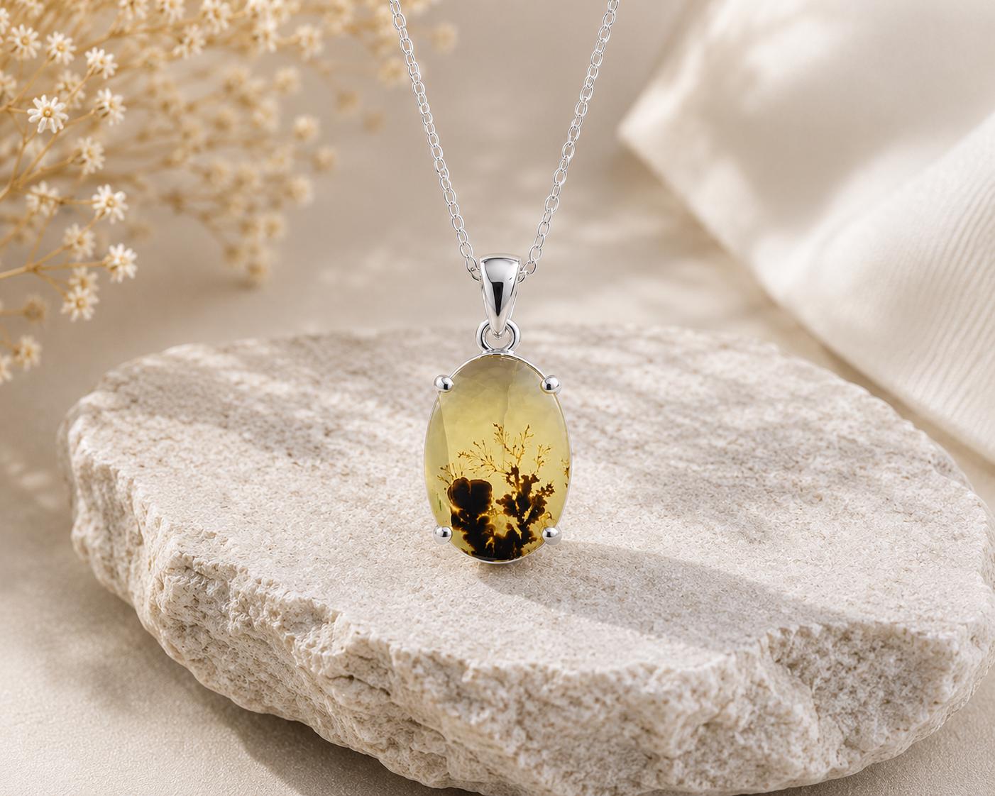 925 Sterling Silver Shazar Dendrite Agate Oval Pendant, Natural Tree Inclusions Necklace