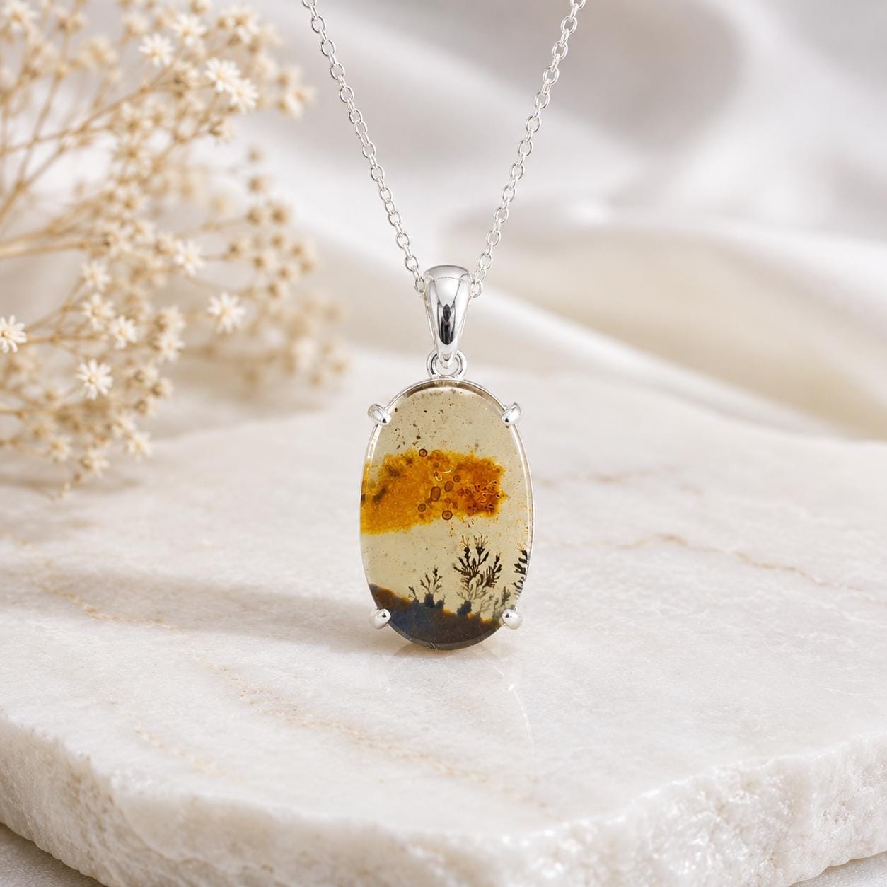 925 Sterling Silver Shazar Dendrite Agate Oval Pendant, Nature Inspired Necklace