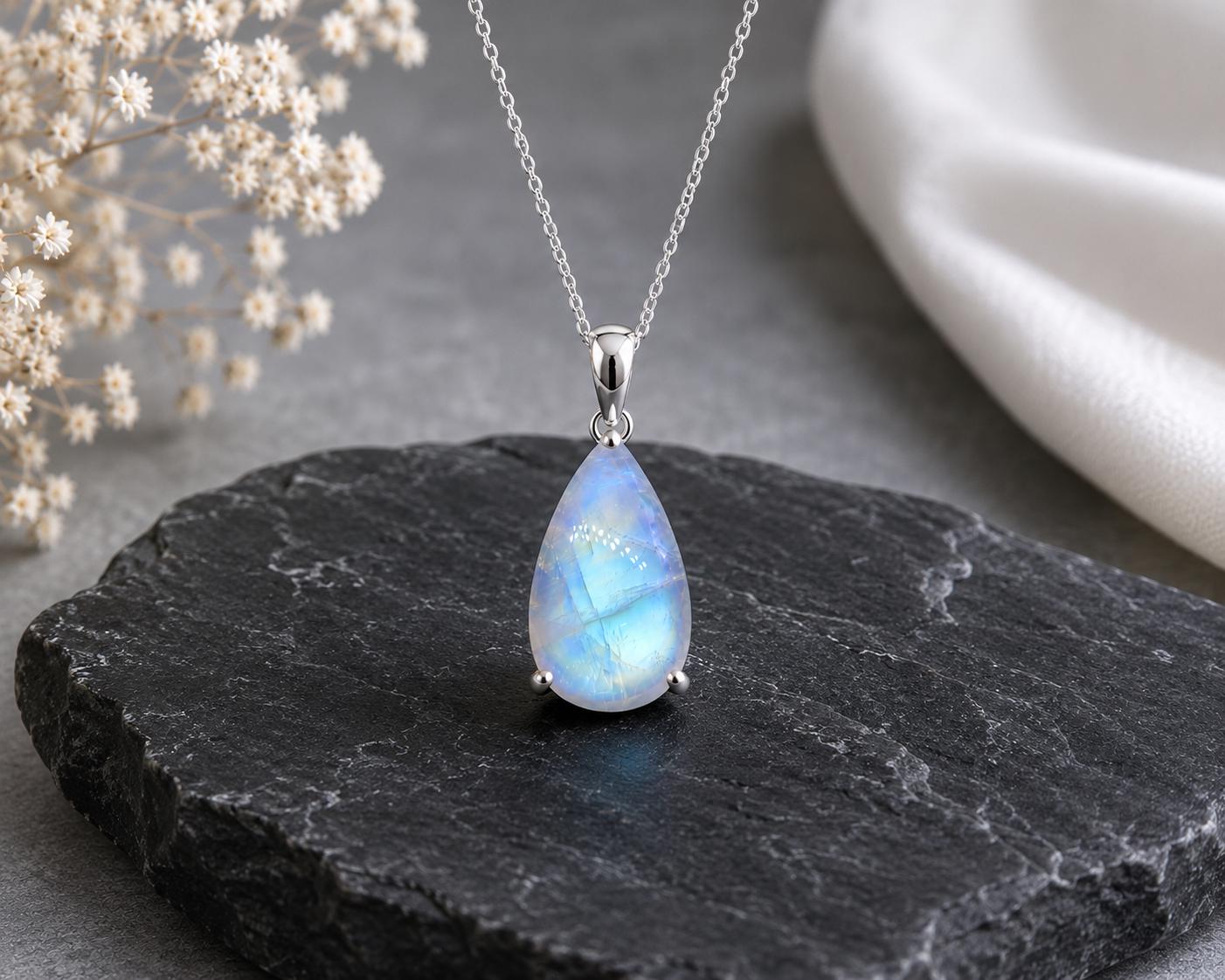 925 Sterling Silver Pear Moonstone Pendant, Natural Rainbow Gemstone Necklace