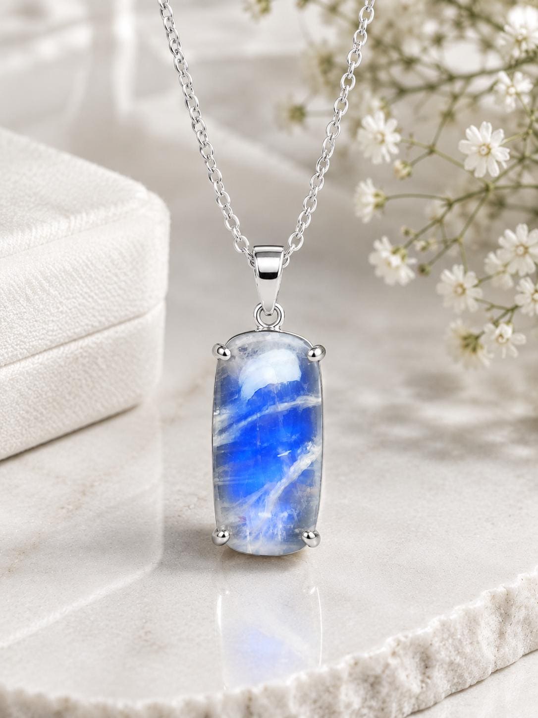 Natural Moonstone Pendant Necklace, Sterling Silver Cushion Cabochon, Minimalist Gemstone Jewelry