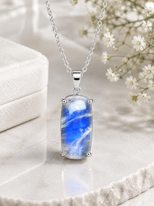Natural Moonstone Pendant Necklace, Sterling Silver Cushion Cabochon, Minimalist Gemstone Jewelry
