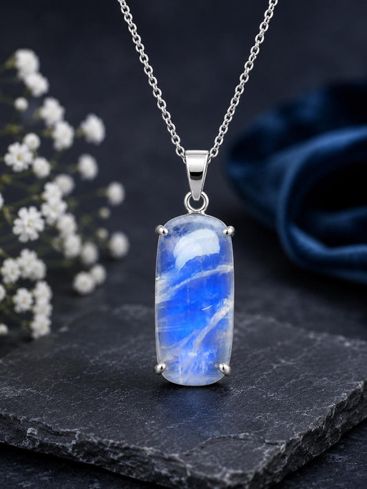 Natural Moonstone Pendant Necklace, Sterling Silver Cushion Cabochon, Minimalist Gemstone Jewelry
