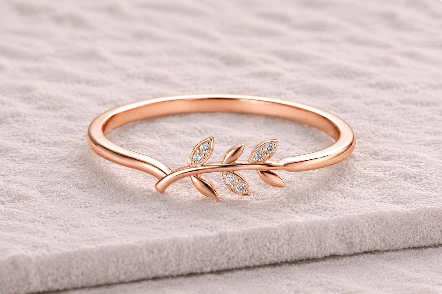 Sterling Silver Leaf Ring, Dainty Botanical Branch, CZ Stones, Minimalist Stackable Band
