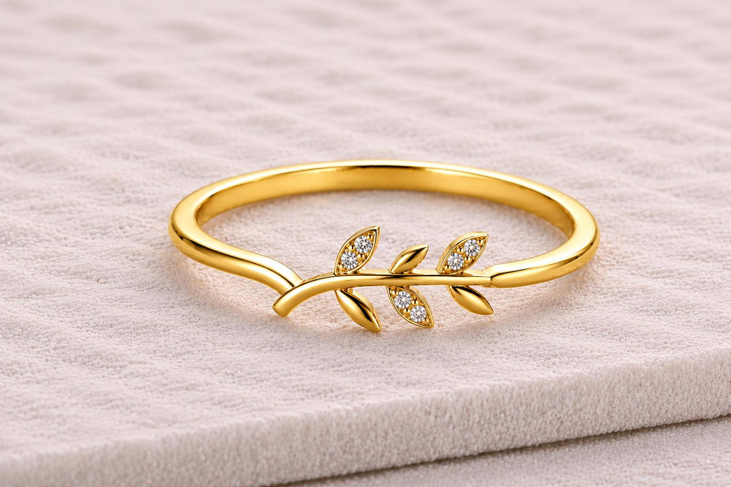 Sterling Silver Leaf Ring, Dainty Botanical Branch, CZ Stones, Minimalist Stackable Band