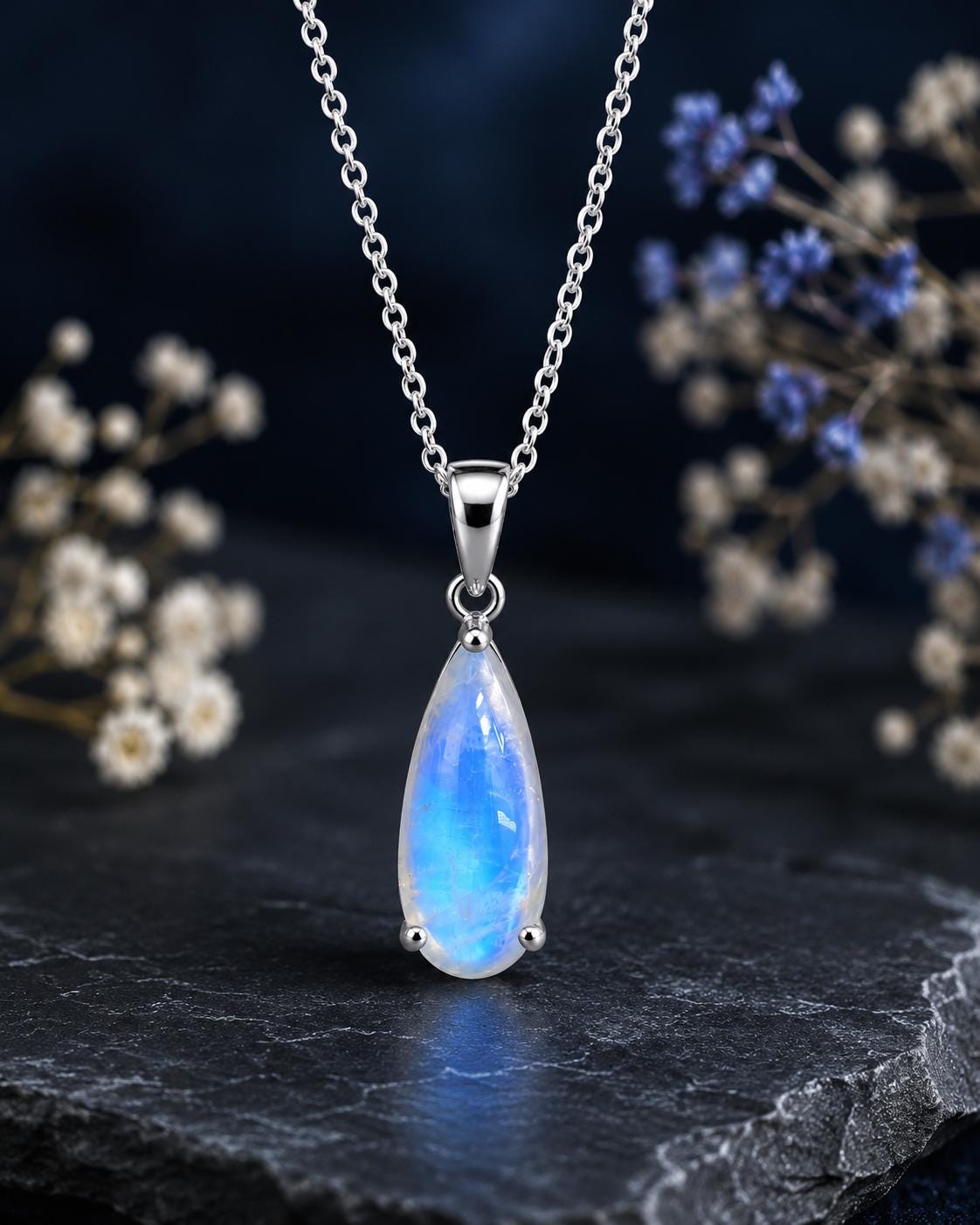 Natural Moonstone Pear Pendant Necklace, 925 Sterling Silver, Handmade Minimalist Jewelry