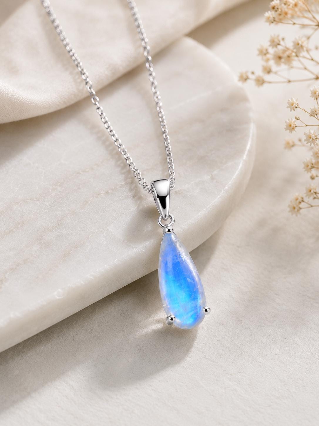 Natural Moonstone Pear Pendant Necklace, 925 Sterling Silver, Handmade Minimalist Jewelry
