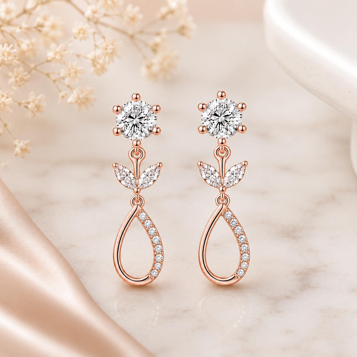 Sterling Silver Moissanite Floral Drop Earrings, Bridal Wedding Jewelry