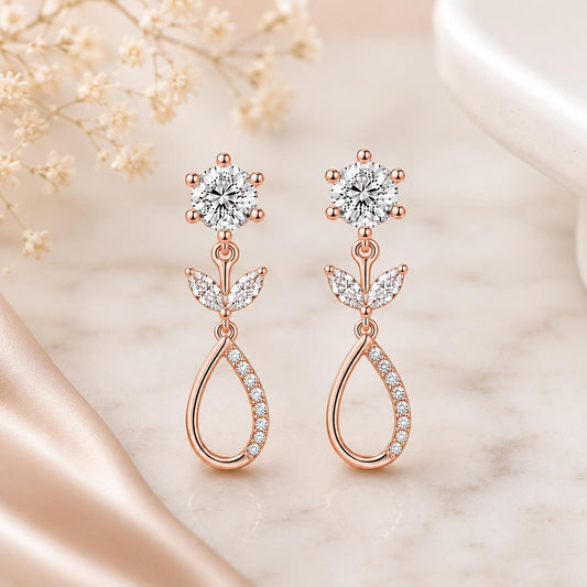 Sterling Silver Moissanite Floral Drop Earrings, Bridal Wedding Jewelry