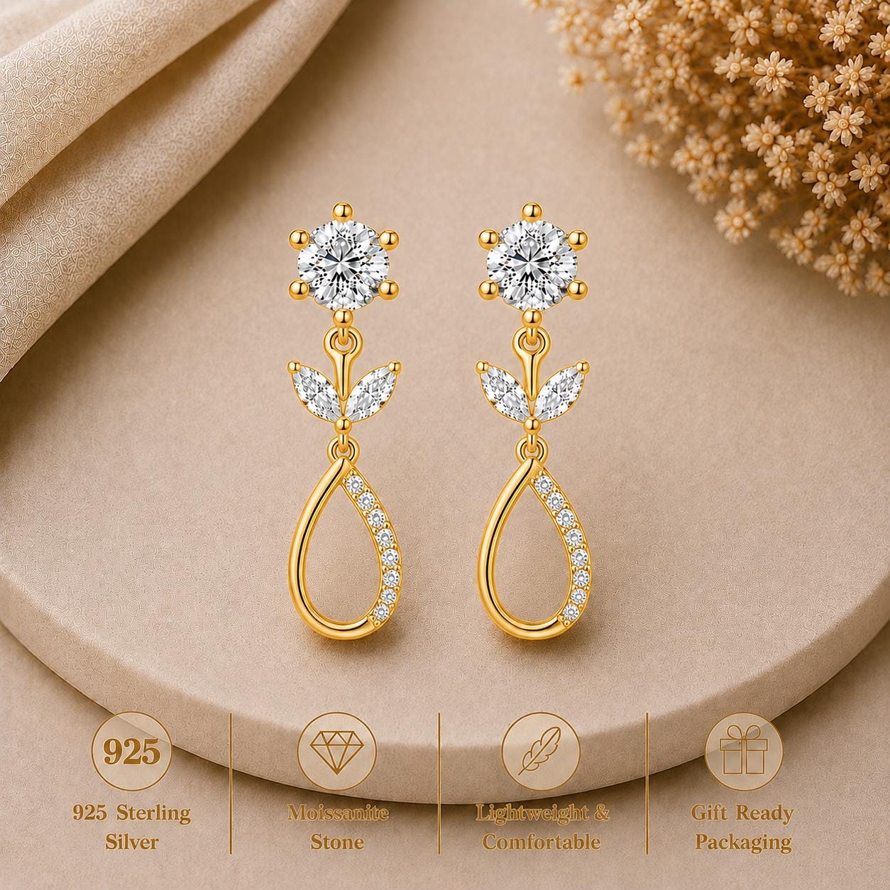 Sterling Silver Moissanite Floral Drop Earrings, Bridal Wedding Jewelry